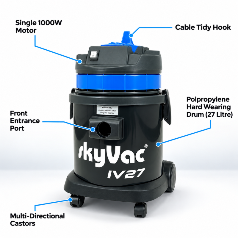 skyVac® IV27 – Aspirateur industriel compact pour nettoyage intérieur en hauteur